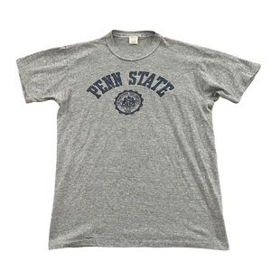 Vintage 1980s Penn State Single Stitch Actionwear Heather Gray + Navy Blue Tee